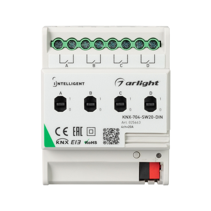 INTELLIGENT ARLIGHT Релейный модуль KNX-704-SW20-DIN BUS 4x20A арт.025663